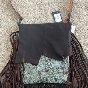 Brown and Green Leather Fringe Bag